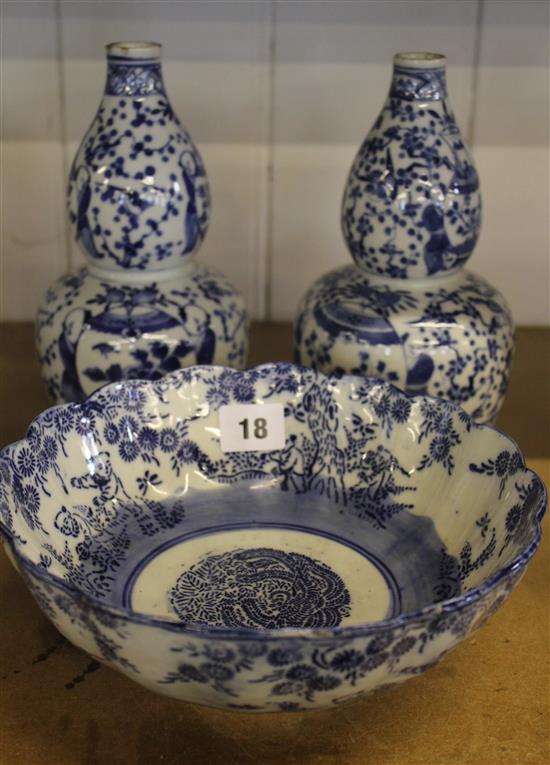 Pair of Chinese blue and white vases and a Japanese bowl
